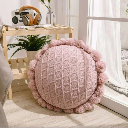 Cute Pompom Tassel Round Cushion Nordic Pillow Pink