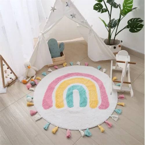 Rainbow Tassel Rugs Kids Room Floor Carpet Thick, Round