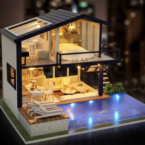 Handmade Modern Dollhouse Miniature: Furnished Dream House with Pool, Music & LED Lights