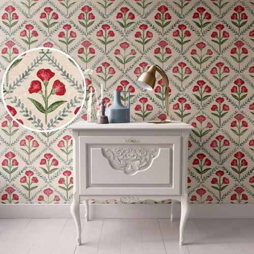 Floral Trellis Block Print on Beige Background